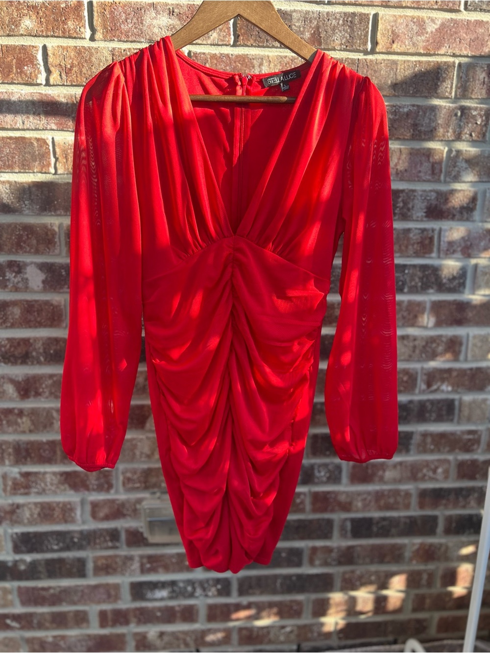 Stella Luce Red Ruched Long Mesh Sleeve V-Neck Mini Dress Size L